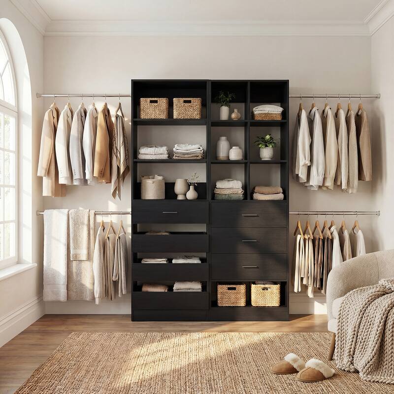 Set of 2 Closet System with 7 Wooden Drawers ＆ 4 Hanging Rods, Heavy Duty Walk-in Closet Organizer System with Shelves - Black
