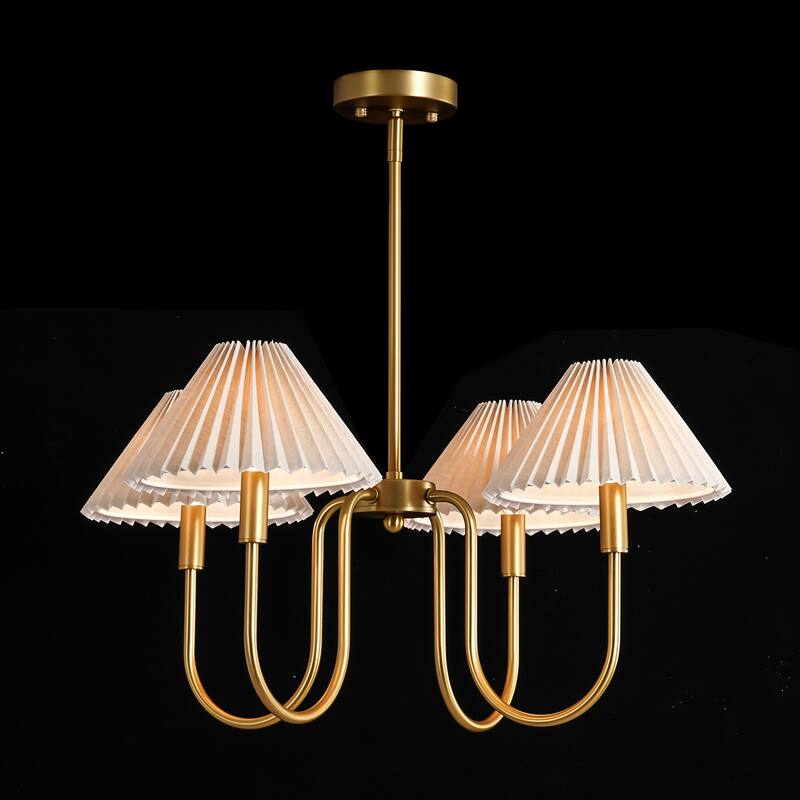 4-Light Mid-Century Modern Chandelier in Brushed Gold/Matte Black Chandelier with Pleated Shades for Living Room
