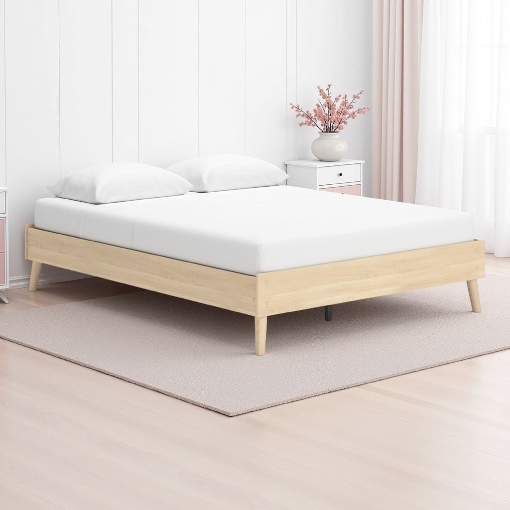 Abis Queen Platform Bed, Natural Brown Wood, Low Profile Tapered Legs