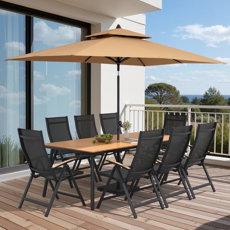 9/11-Piece Outdoor Patio Dining Set Aluminum Dining Table and Folding Chairs w/10 ft Umbrella and Base - Set of 11 - Brown Table with Tan Umbrella