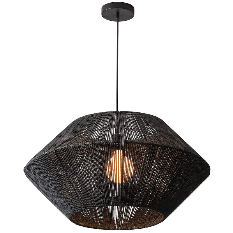 Modern Matte Black Paper Rope Craft Pendant Light Hand-Woven Cage Shade Hanging Lamp