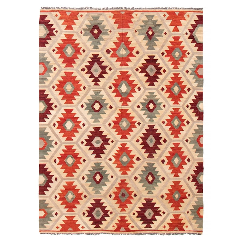 ECARPETGALLERY Flat-Weave Bold and Colorful Cream Wool Kilim - 5'11 x 8'0 - Cream - 5'11 x 8'0