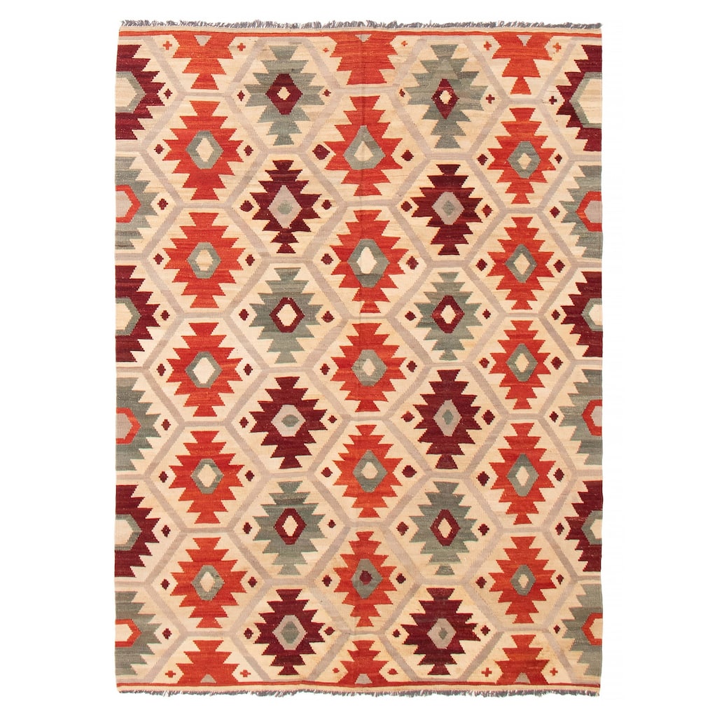 ECARPETGALLERY Flat-Weave Bold and Colorful Cream Wool Kilim - 5'11 x 8'0