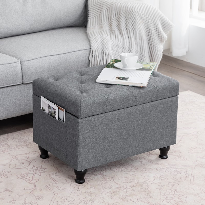 Adeco Linen Fabric Storage Ottoman for Living Room Bedroom
