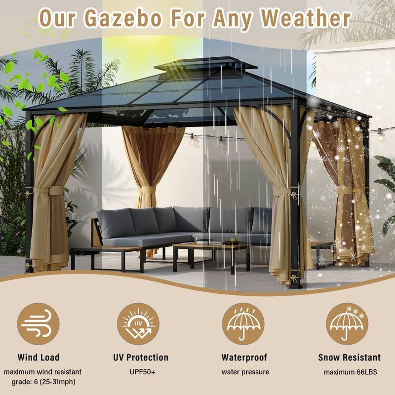 Outdoor 10" x 12" Hardtop Outdoor Gazebo with Double-layer Side Walls Mosquito Netting and Aluminum Frame