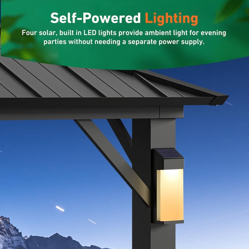 Permanent Hardtop Gazebo 12' x 14' wiith 4 LED Lights, with Galvanized Steel Double Roof, Mosquito Nettings, Black