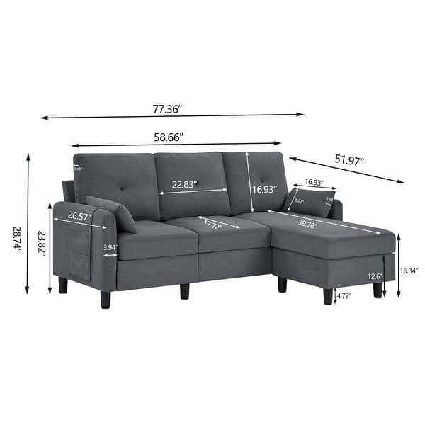 dimension image slide 4 of 5, 77.36" L Shaped Sectional Sofa with Side Storage Pocket and Reversible Ottoman