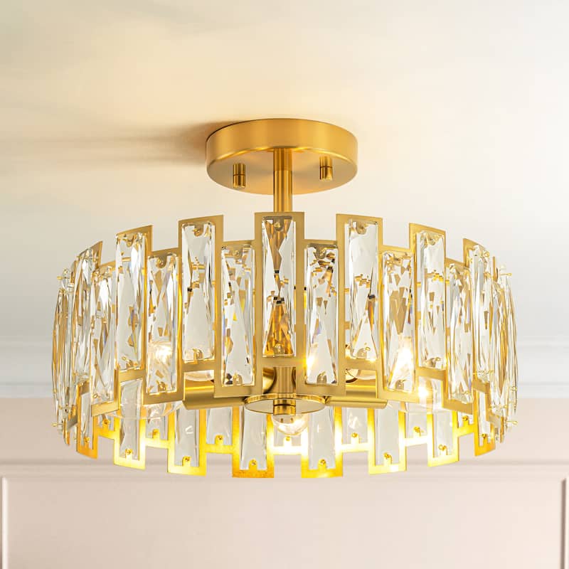5-Light Mid-Century Modern Glam Cage Drum Crystal Semi-Flush Mount Ceiling Light
