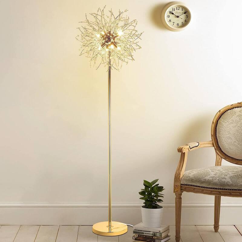 69" Tall Modern Crystal Floor Lamp with Crystal Chandelier - Golden