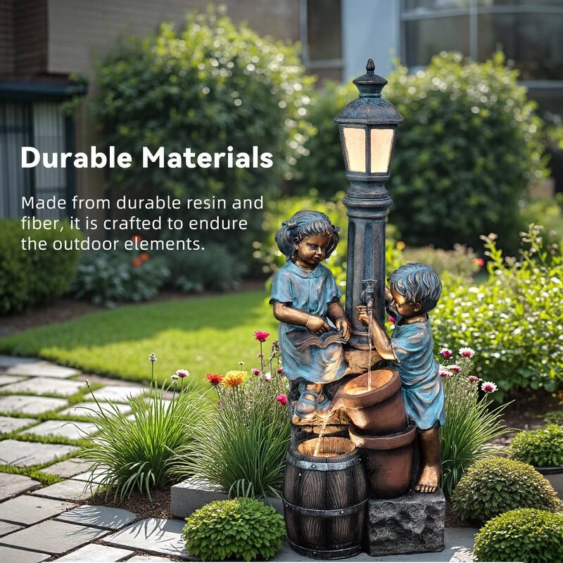 Storybook Outdoor Water Fountain with Boy and Girl Sculpture, Warm LED Lamp Post and Soothing Water Flow
