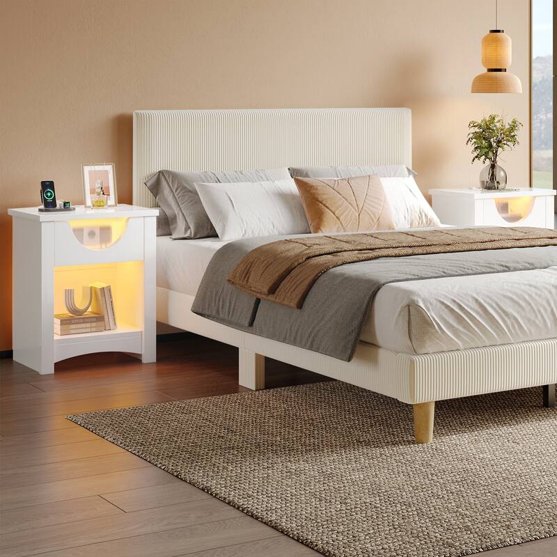 Bestier Night Stand with Charging Station, LED Modern End Table Bedside Table with Drawer for Bedroom & Living Room
