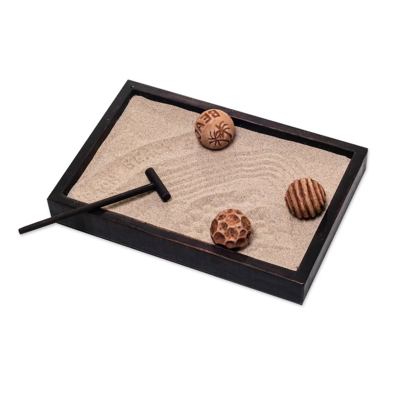 Handmade Serene Beach Wood zen garden(Indonesia) - 1.8" H x 13" W x 8.75" D