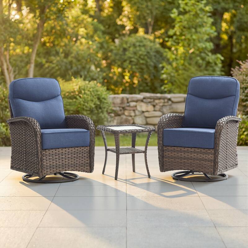 Pocassy Outdoor Wicker Patio Sofa with Swivel Chair Ottoman Sets - Brown Wicker Blue Cushion - 3-Piece Swivel Chair  with Side Table