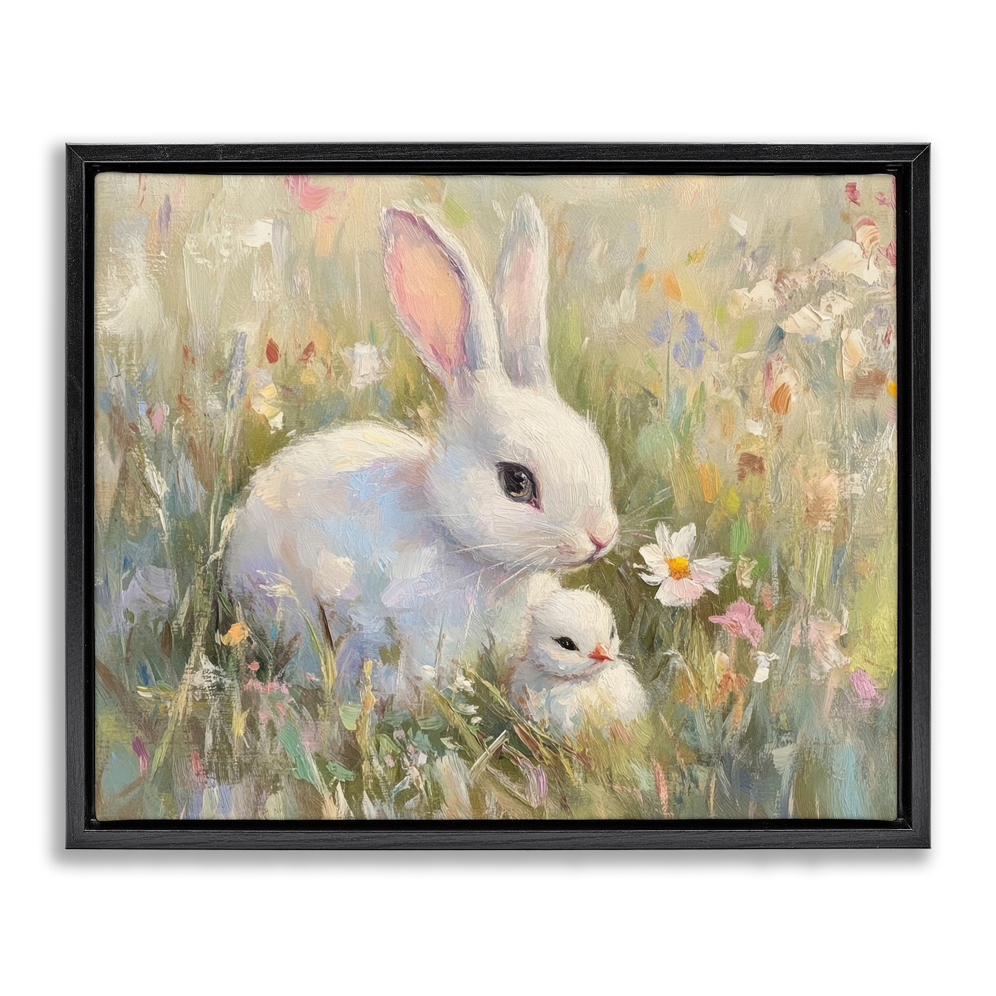 Stupell White Rabbit Easter and Flowers Framed Floater Canvas Wall Art Design By Petal Prints Design