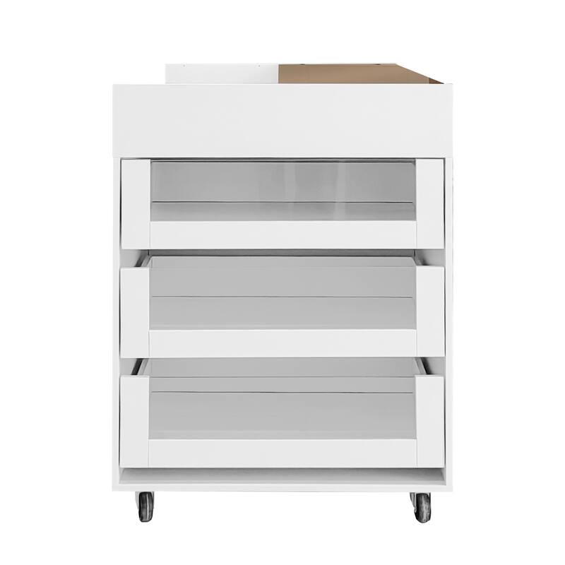Roomfitters Multi-Functional Storage Island Vanity Console with Glass Display Shelves and Reversible Top, White