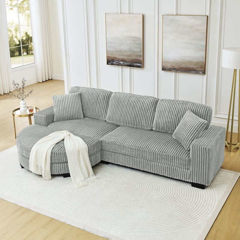Corduroy Upholstered L-shaped Sectional Sofa, Chaise Lounge Couch with Arc-shaped Ottoman and Removable Cushions for Living Room - Grey