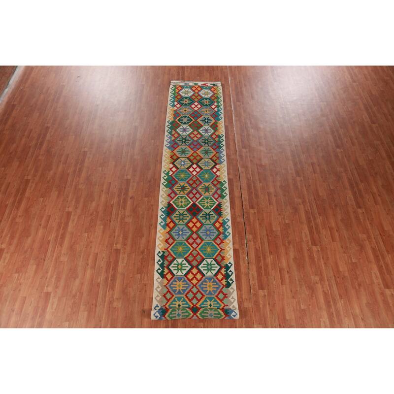 Multicolored Kilim Runner Rug Hand-Woven Geometric Wool Carpet - 2'10" x 16'0"
