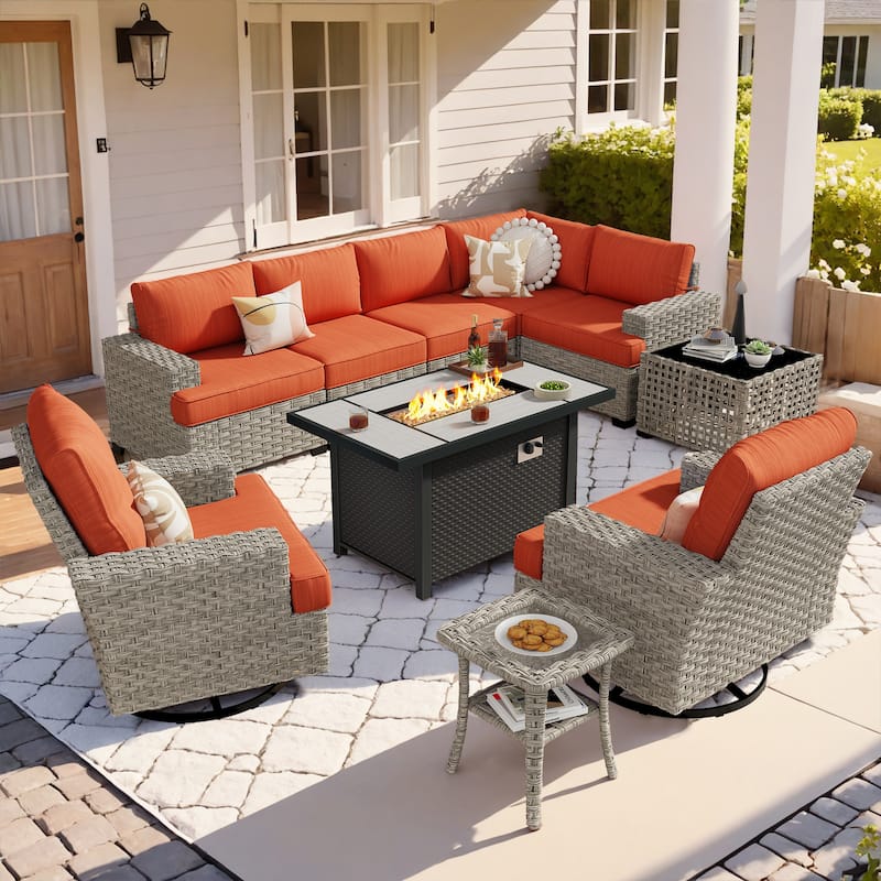 OVIOS 10 Pieces T shaped Seat Wide Armrest Swivel Chair Set With Fire Pit - Orange/Red
