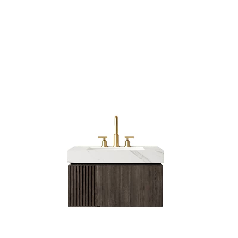 Floating Bathroom Vanity with Sintered Stone Top & Undermount Ceramic Basin with Three Pre-drilled Faucet Holes