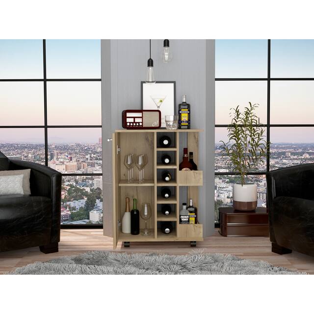 Bar Cart with 2 External Shelves, 4 Casters, 6 Wine Cubbies, and Single Door Cabinet - 23" W x14"D x 32"H