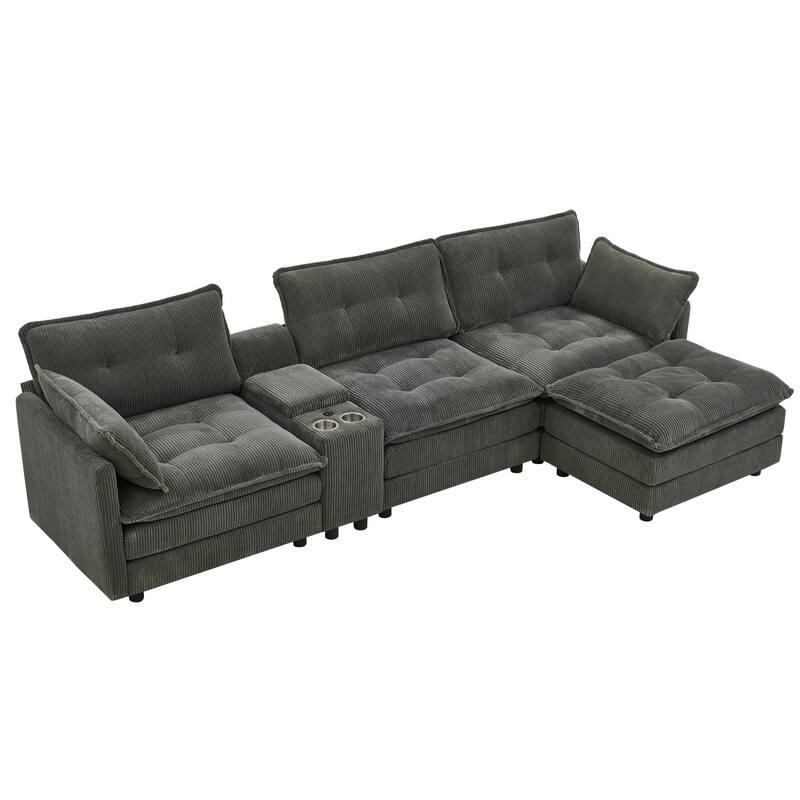 119.2" L-Shaped Corduroy Sectional Sofa with Console and Ottoman