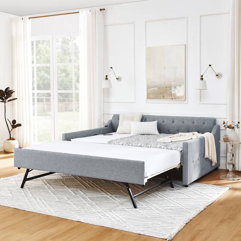 Upholstery Daybed with Erectable Trundle & USB Design