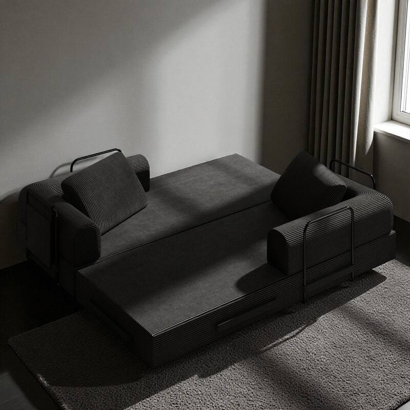 Convertible Corduroy Sleeper Sofa Bed, 3-Seat Folding Floor Couch with Cylindrical Pillow & Fixed-Shape Frame