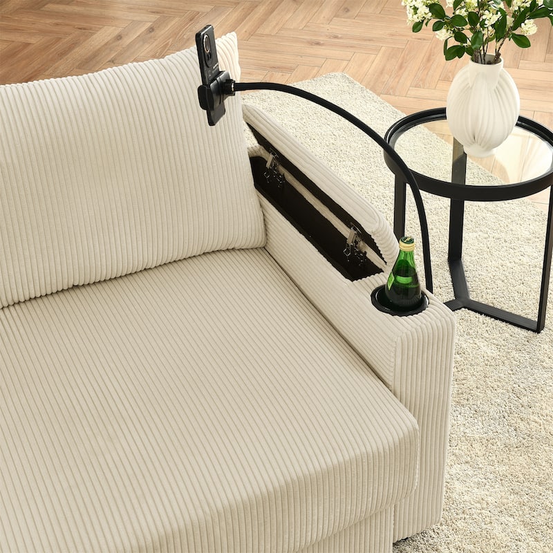 Corduroy Deep Seat Loveseat Sofa, Upholstered Couch Settee with Storage, 2 Seater Sofa with Cup Holders and Phone Holder