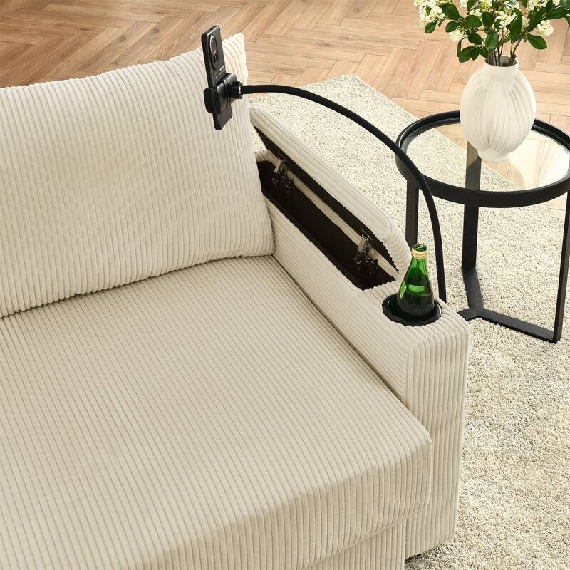 Corduroy Upholstered 7 Seater Sofa, Set of 3 Deep Seat Storage Couch with Cup Holders and Phone Stands for Living Room