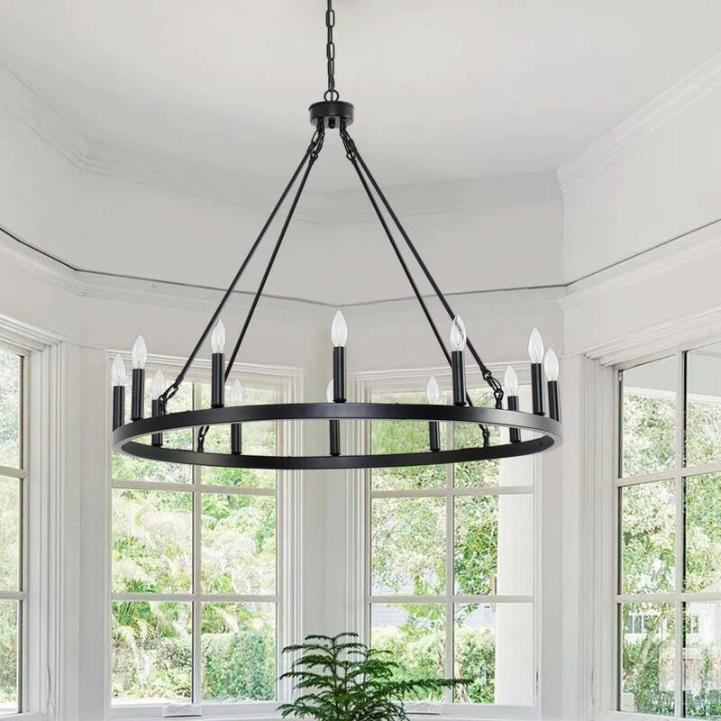 12-Light Wagon Wheel Chandelier 38" Black Farmhouse Round Chandeliers - 38inch
