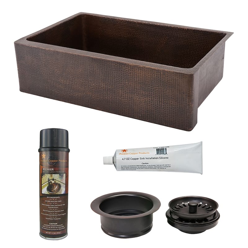 33-in Hammered Copper Kitchen Apron Single Basin Sink with Matching Drain, and Accessories (KSP3_KASDB33229)