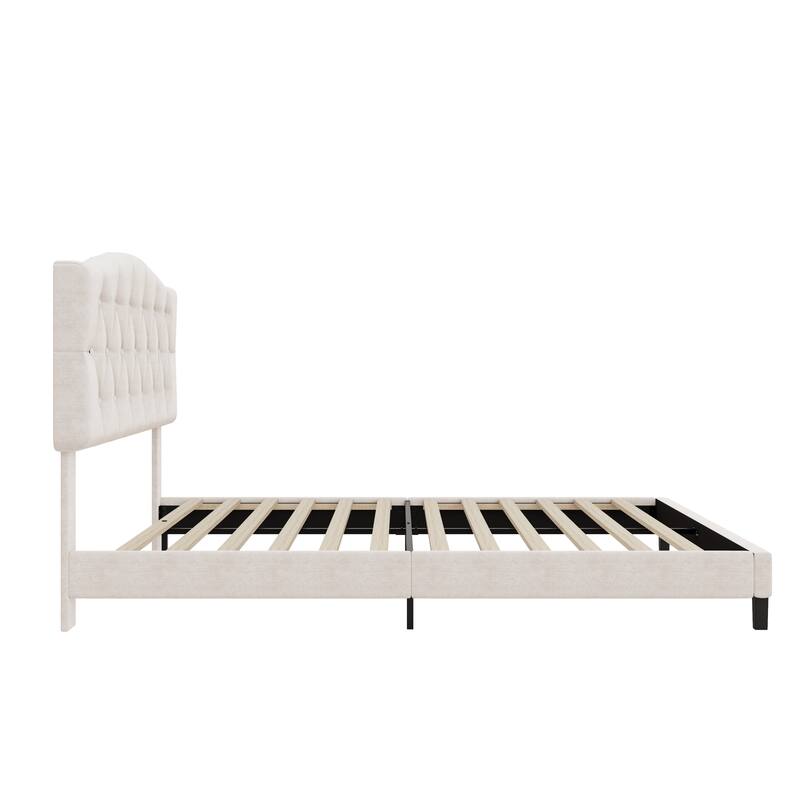 Full Upholstered Platform Bed with Saddle Curved Adjustable Headboard and Diamond Tufted Details, Wooden Slats and Metal Support