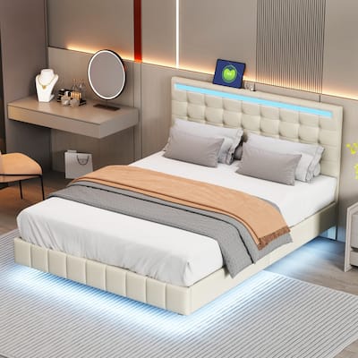 Queen Size Floating Bed Frame with LED Lights