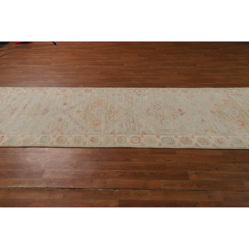 Hand Knotted Oriental 100% Wool Carpet Transitional Geometric Beige & Ivories Oushak Runner Rug - 10' 2'' X 3' 5''