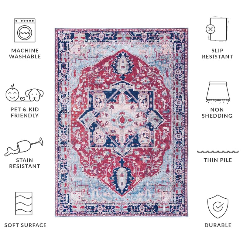 SAFAVIEH Tucson Machine Washable Slip Resistant Mathilde Oriental Medallion - 3' x 5' - Red/Navy - Rectangle