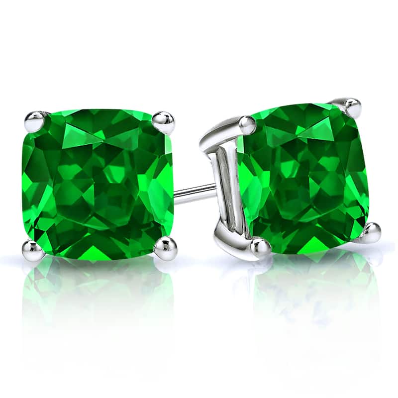 Auriya 14k Gold Lab Grown Gemstone Green Emerald Stud Earrings Cushion 0.25 to 5.00 ct. tw. 4-Prong Basket Push-Back