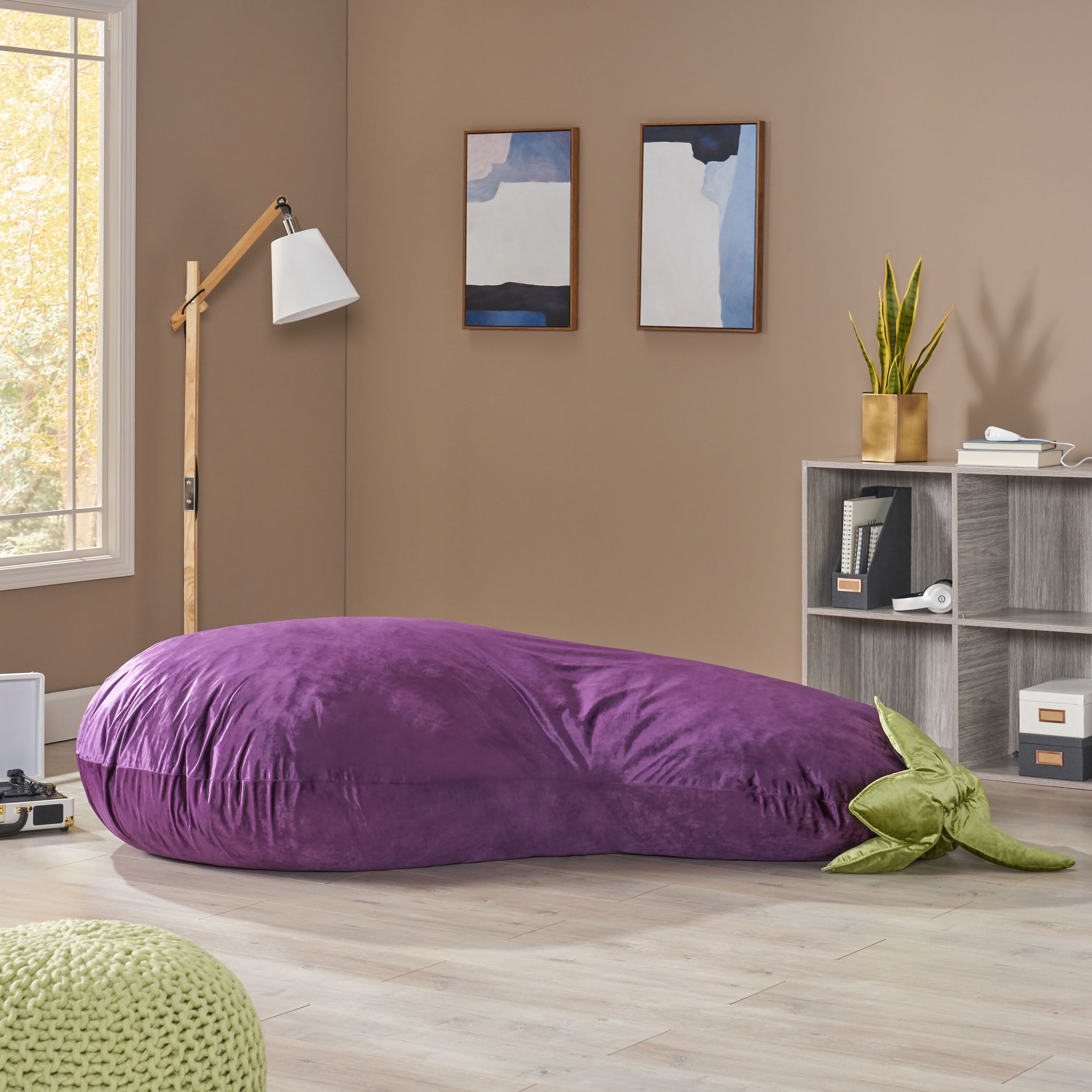 Hebron Modern 7.5 Ft. Velvet Eggplant Bean Bag by Christopher Knight Home