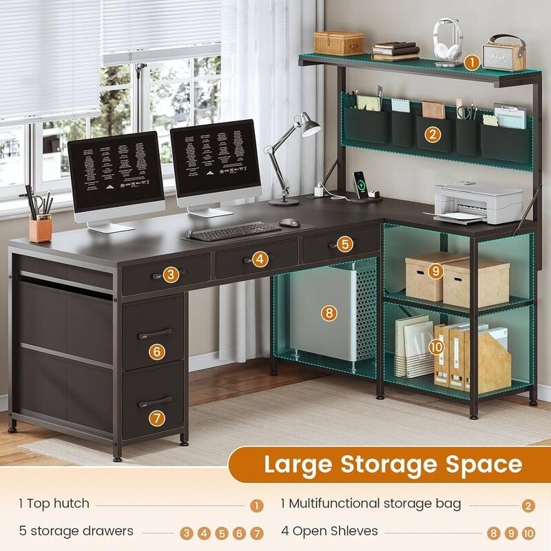 L Shaped Computer Desk 5 fabric Drawers Gaming Desk Storage Shelf