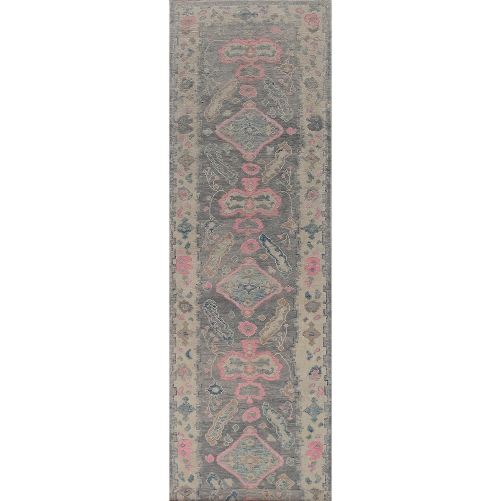 Hand Knotted Oriental 100% Wool Carpet Transitional Geometric Greys & Charcoal Oushak Runner Rug - 16' 1'' X 3' 5''