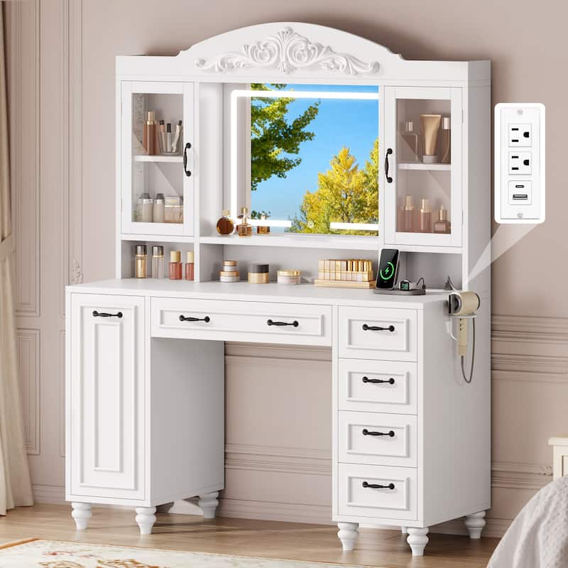 Moasis Modern 5-Drawer Makeup Vanity Table With Exquisite Carved and Built-in Charging Station - White