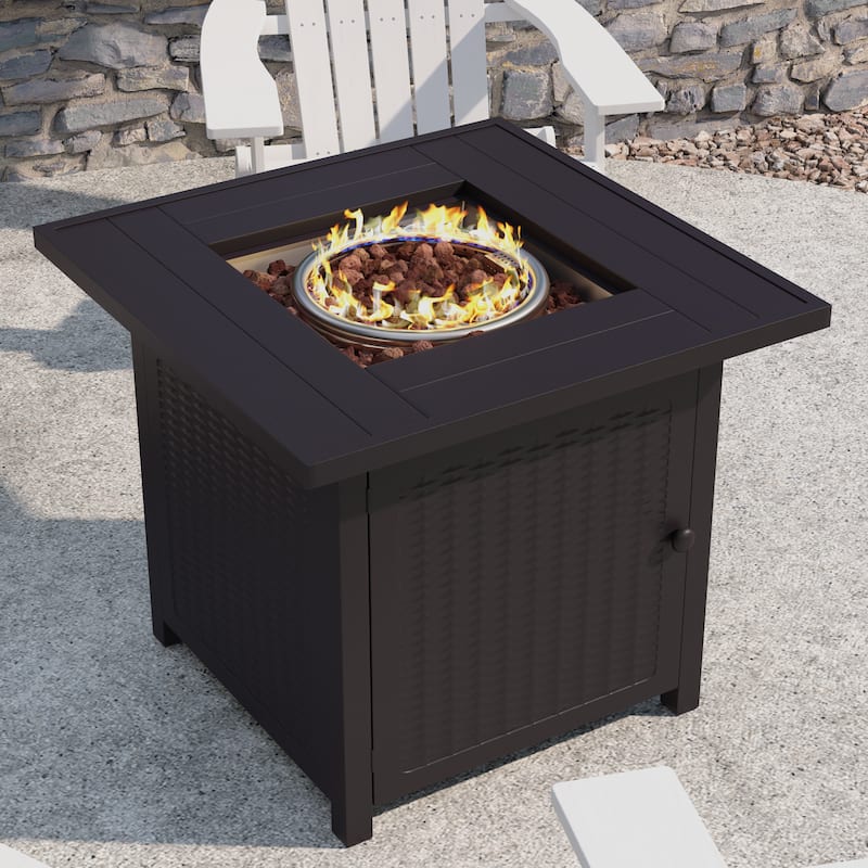 Outdoor 50,000 BTU Metal Fire Pit Table with Lid and Lava Rock