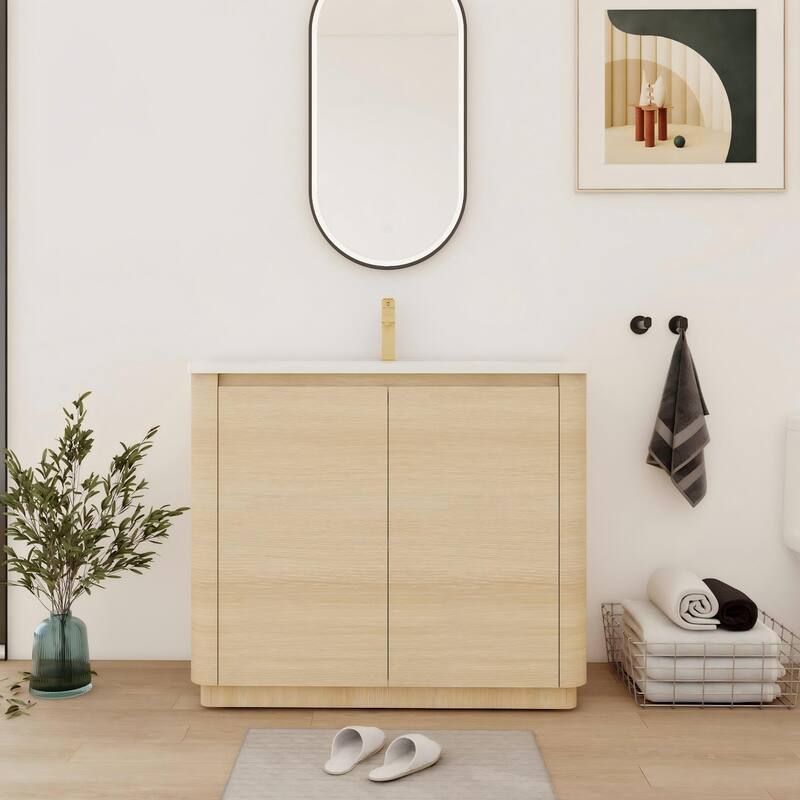 Bathroom Vanity With Sink In 36/40/48/52/60/64/84/92 Inch, Freestanding Bathroom Vanity With Doors and Adjustable Shelf - 39.8''W×18.7''D×34.1''H - American White Oak