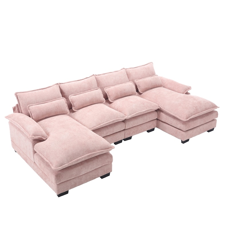 Chenille Upholstered U-Shaped Living Room Sectional Sofa With Wooden Legs