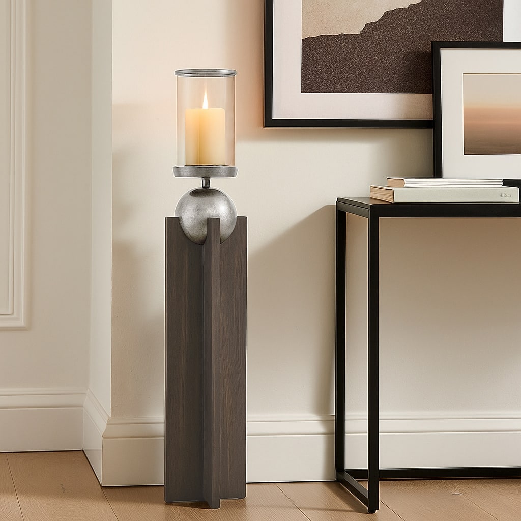 Candle Holder - Gray Wood Pillar with Metal Sphere