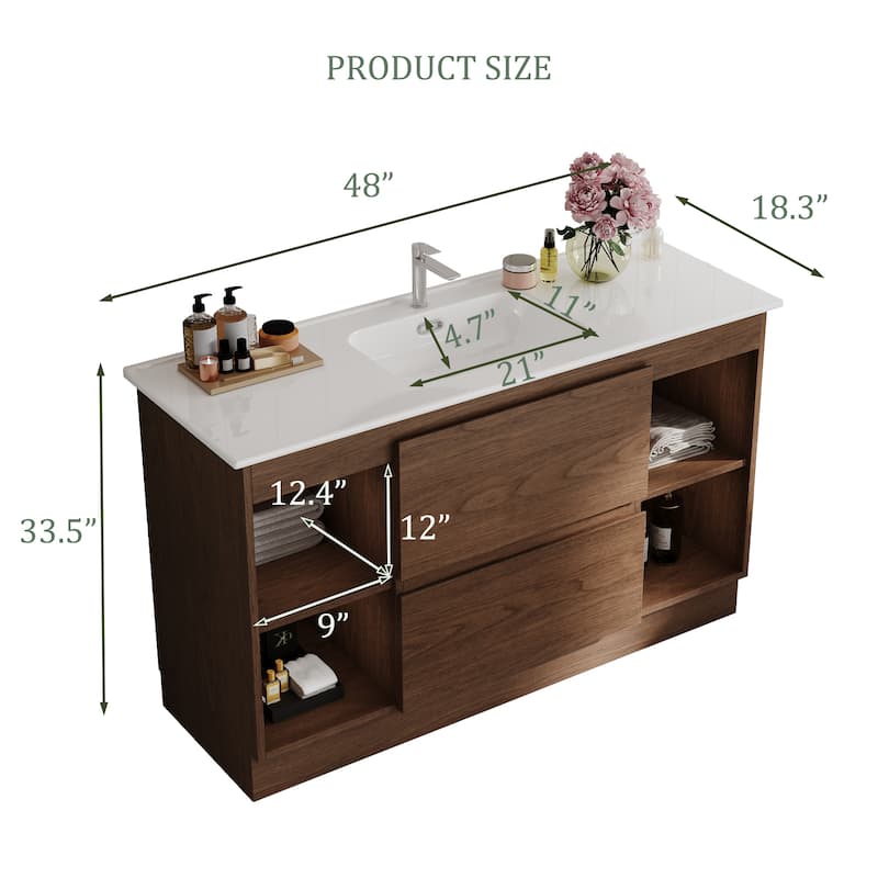 47"Mid Century Single Bathroom Vanities with Sink, White Vanities with 2 Drawers and 4 Shelves