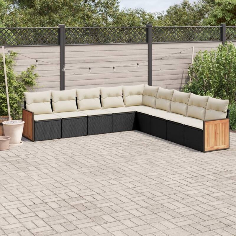 vidaXL Patio Sofa Set with Cushions Outdoor Conversation Furniture Poly Rattan - Black and Cream - 24.4 x 24.4 x 27.2