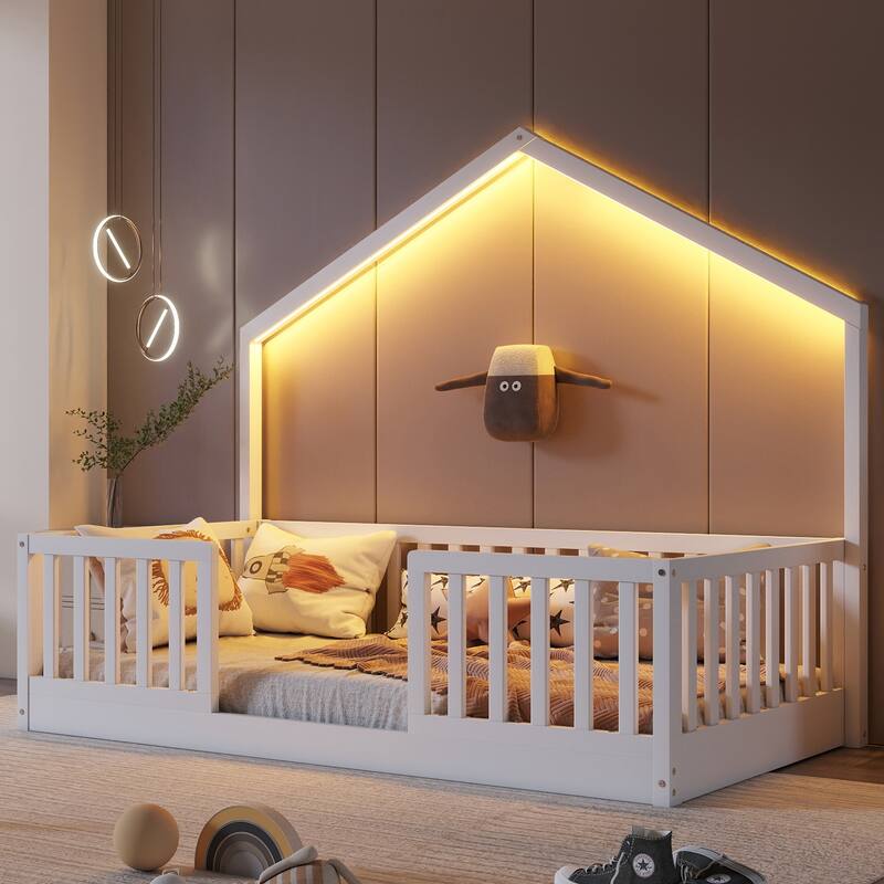 Wooden Floor Bed House-shaped Frame, Montessori Floor Bed with Light and High Rails, Wood Slat Support Floor Daybed - White - Twin