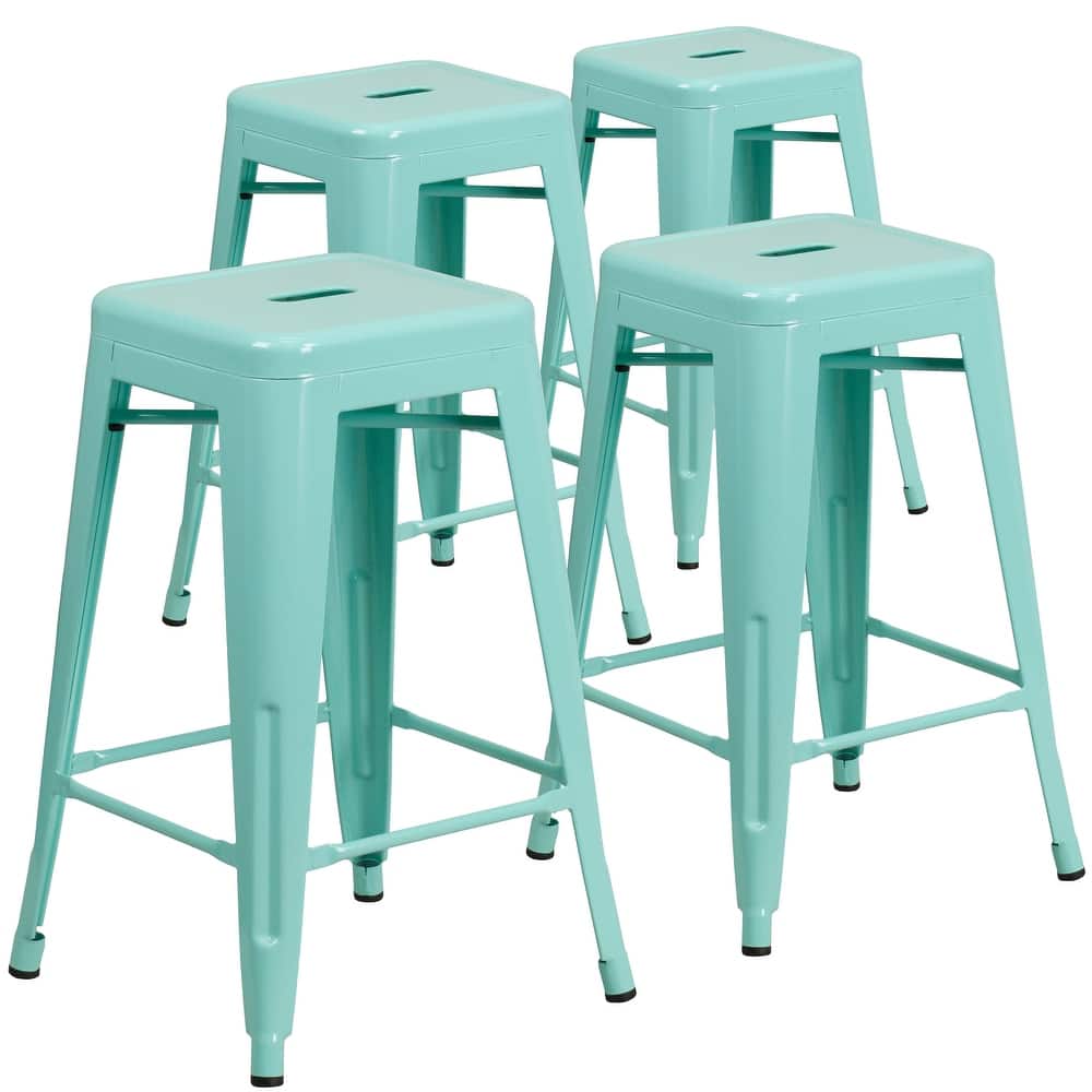 4 Pack 24"H Backless Metal Indoor-Outdoor Counter Height Stool w/Square Seat