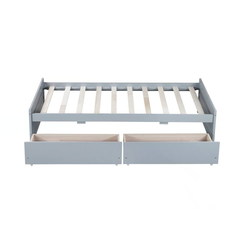 Twin Size Bed with 2 Drawers, Solid Rubber Wood Bed