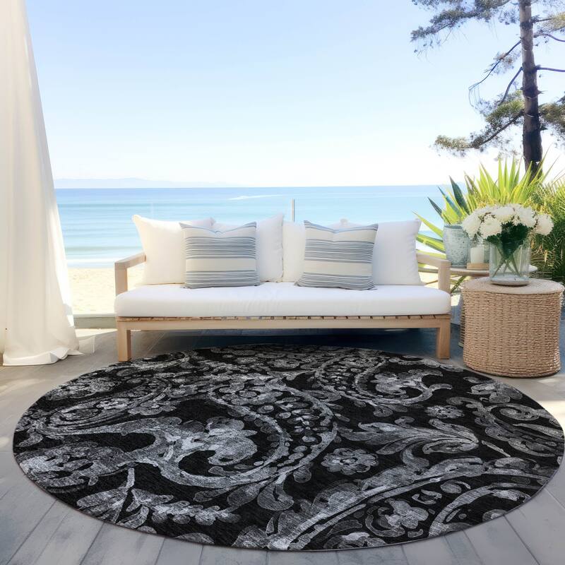 Machine Washable Indoor/ Outdoor Chantille Traditional Scroll Rug - Black - 8' x 8'